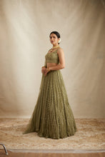 Load image into Gallery viewer, Olive Green Net Crepe Line Embroidered Lehenga Set