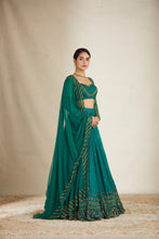 Load image into Gallery viewer, TEAL GREEN ANTIQUE SEQ WORK LEHENGA SET
