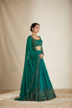 Load image into Gallery viewer, TEAL GREEN ANTIQUE SEQ WORK LEHENGA SET
