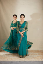 Load image into Gallery viewer, TEAL GREEN ANTIQUE SEQ WORK SAREE SET