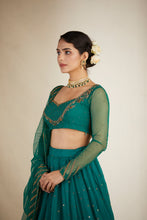 Load image into Gallery viewer, TEAL GREEN ANTIQUE SEQ WORK LEHENGA SET