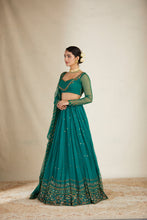 Load image into Gallery viewer, TEAL GREEN ANTIQUE SEQ WORK LEHENGA SET