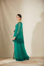 Load image into Gallery viewer, TEAL GREEN THREADWORK PEPLUM AND SHARARA