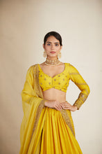 Load image into Gallery viewer, Mustard Chanderi Silk Crepe Bead Embroidered Lehenga Set