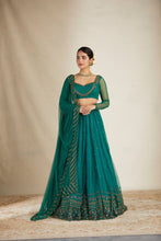 Load image into Gallery viewer, TEAL GREEN ANTIQUE SEQ WORK LEHENGA SET