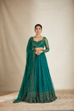 Load image into Gallery viewer, TEAL GREEN ANTIQUE SEQ WORK LEHENGA SET