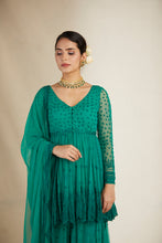 Load image into Gallery viewer, TEAL GREEN THREADWORK PEPLUM AND SHARARA