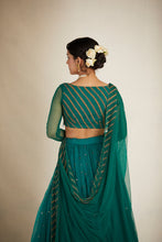 Load image into Gallery viewer, TEAL GREEN ANTIQUE SEQ WORK LEHENGA SET