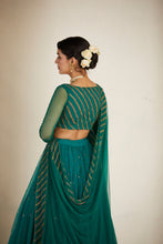 Load image into Gallery viewer, TEAL GREEN ANTIQUE SEQ WORK LEHENGA SET
