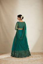 Load image into Gallery viewer, TEAL GREEN ANTIQUE SEQ WORK LEHENGA SET