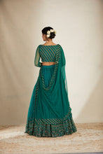 Load image into Gallery viewer, TEAL GREEN ANTIQUE SEQ WORK LEHENGA SET