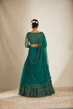 Load image into Gallery viewer, TEAL GREEN ANTIQUE SEQ WORK LEHENGA SET