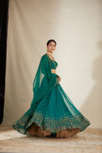Load image into Gallery viewer, TEAL GREEN ANTIQUE SEQ WORK LEHENGA SET