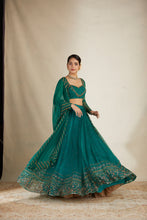 Load image into Gallery viewer, TEAL GREEN ANTIQUE SEQ WORK LEHENGA SET