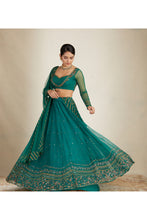 Load image into Gallery viewer, TEAL GREEN ANTIQUE SEQ WORK LEHENGA SET
