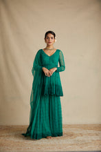 Load image into Gallery viewer, TEAL GREEN THREADWORK PEPLUM AND SHARARA