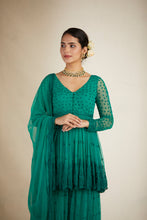 Load image into Gallery viewer, TEAL GREEN THREADWORK PEPLUM AND SHARARA