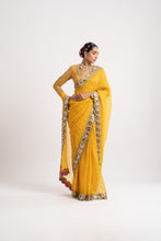 Load image into Gallery viewer, Yellow Hand Cut Mirror Border Saree Set