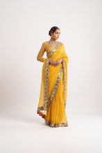 Load image into Gallery viewer, Yellow Hand Cut Mirror Border Saree Set