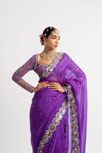 Load image into Gallery viewer, Purple Hand Cut Mirror Border Saree Set