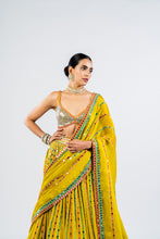 Load image into Gallery viewer, MOSS GREEN LINEAR DROP LEHENGA WITH METALLIC BLOUSE.
