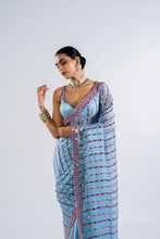 Load image into Gallery viewer, ICE BLUE HEAVY MIRROR WORK SAREE SET.