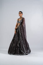 Load image into Gallery viewer, CHARCOAL GREY LINEAR DROP LEHENGA WITH METALLIC BLOUSE