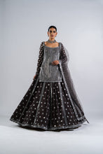 Load image into Gallery viewer, CHARCOAL GREY MIRROR WORK KURTA LEHENGA SET.