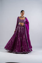 Load image into Gallery viewer, POP WINE LINEAR DROP LEHENGA SET.