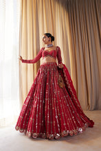 Load image into Gallery viewer, Crimson Red Small Flower Linear Lehenga Set