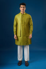 Load image into Gallery viewer, Olive Green Brocade Kurta-Bundi Set
