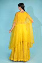 Load image into Gallery viewer, yellow banarasi chanderi sharara with organza cape and blouse

