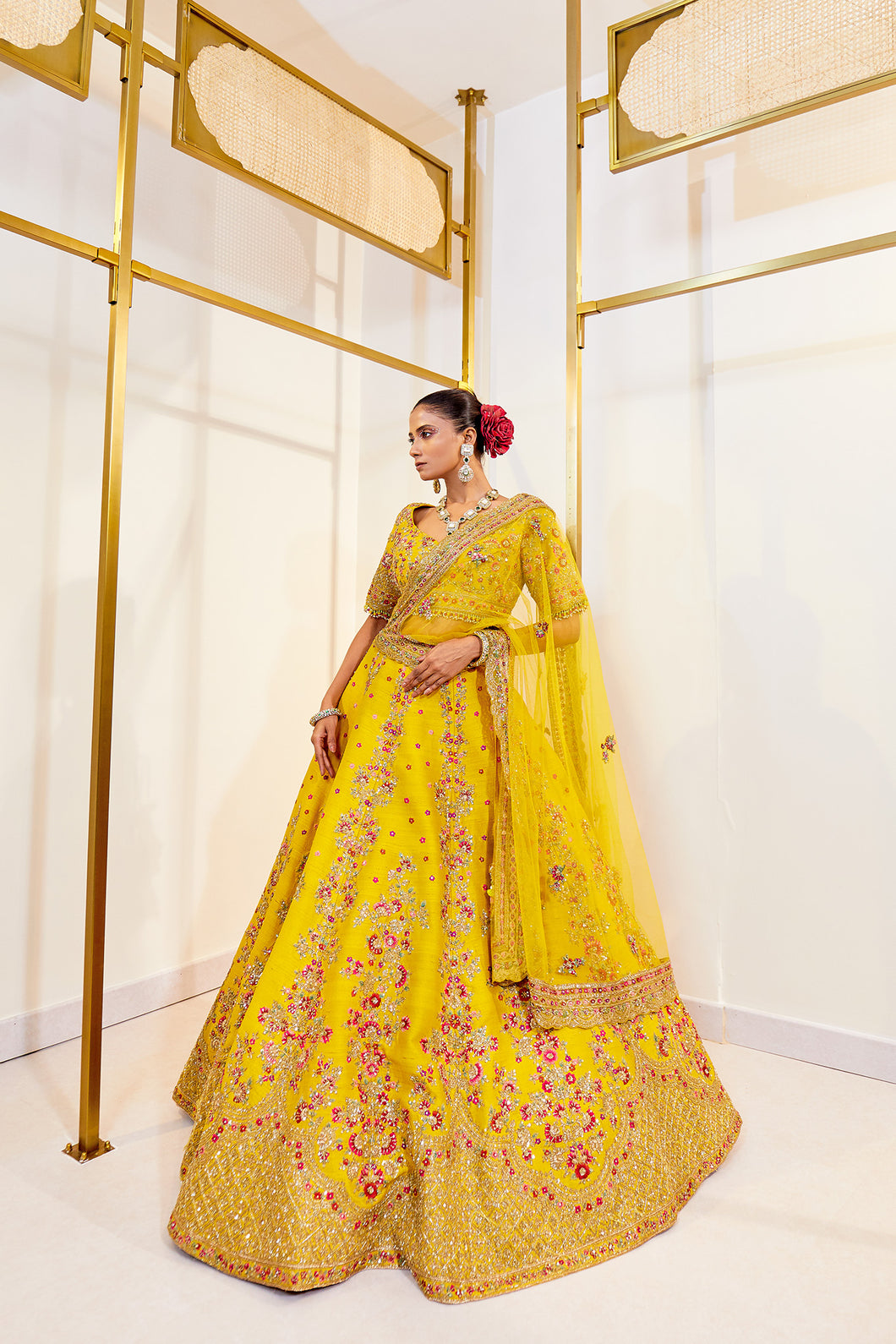 Bindu mustard - Sunshine Glow Raw Silk Zardosi Bridal Lehenga Set