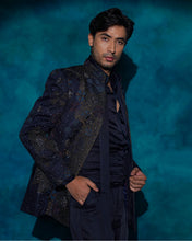 Load image into Gallery viewer, Midnight Blue Hand embroidered short jacket set
