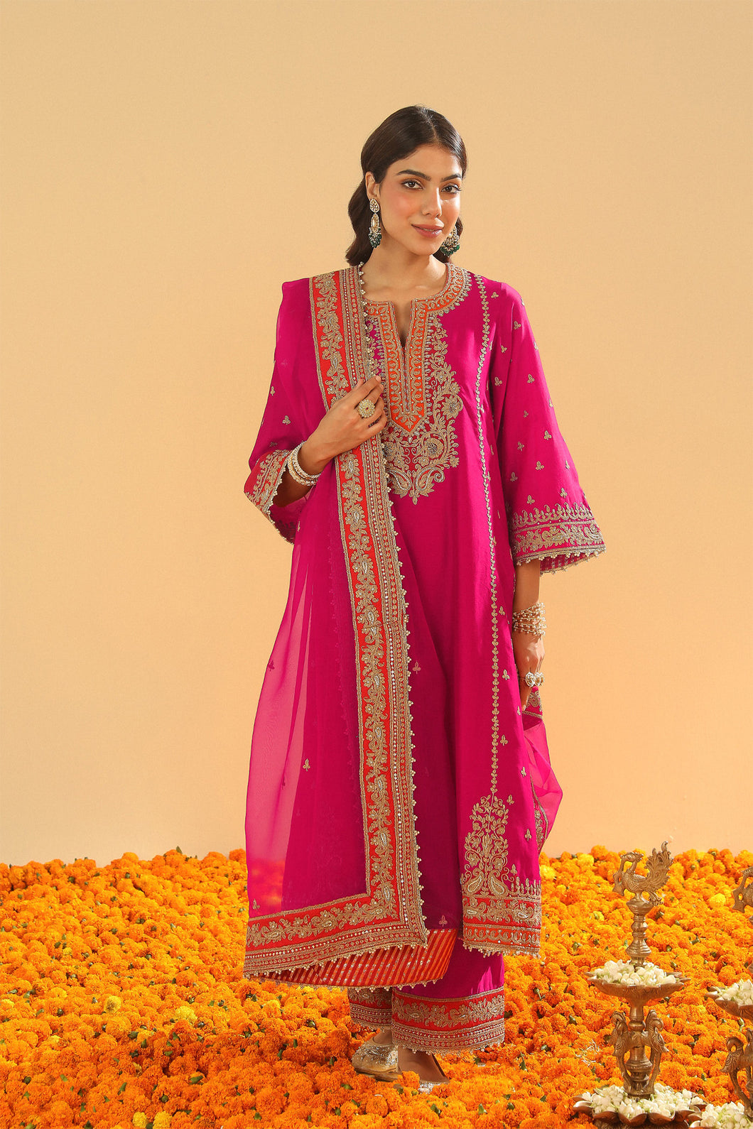 Aamish - Long A-line Kurta with Palazzo and Dupatta