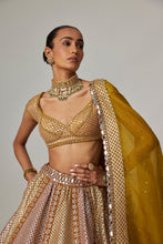 Load image into Gallery viewer, MUSTARD MULTICOLOR HEAVY METALLIC LEHENGA WITH GREEN DUPATTA
