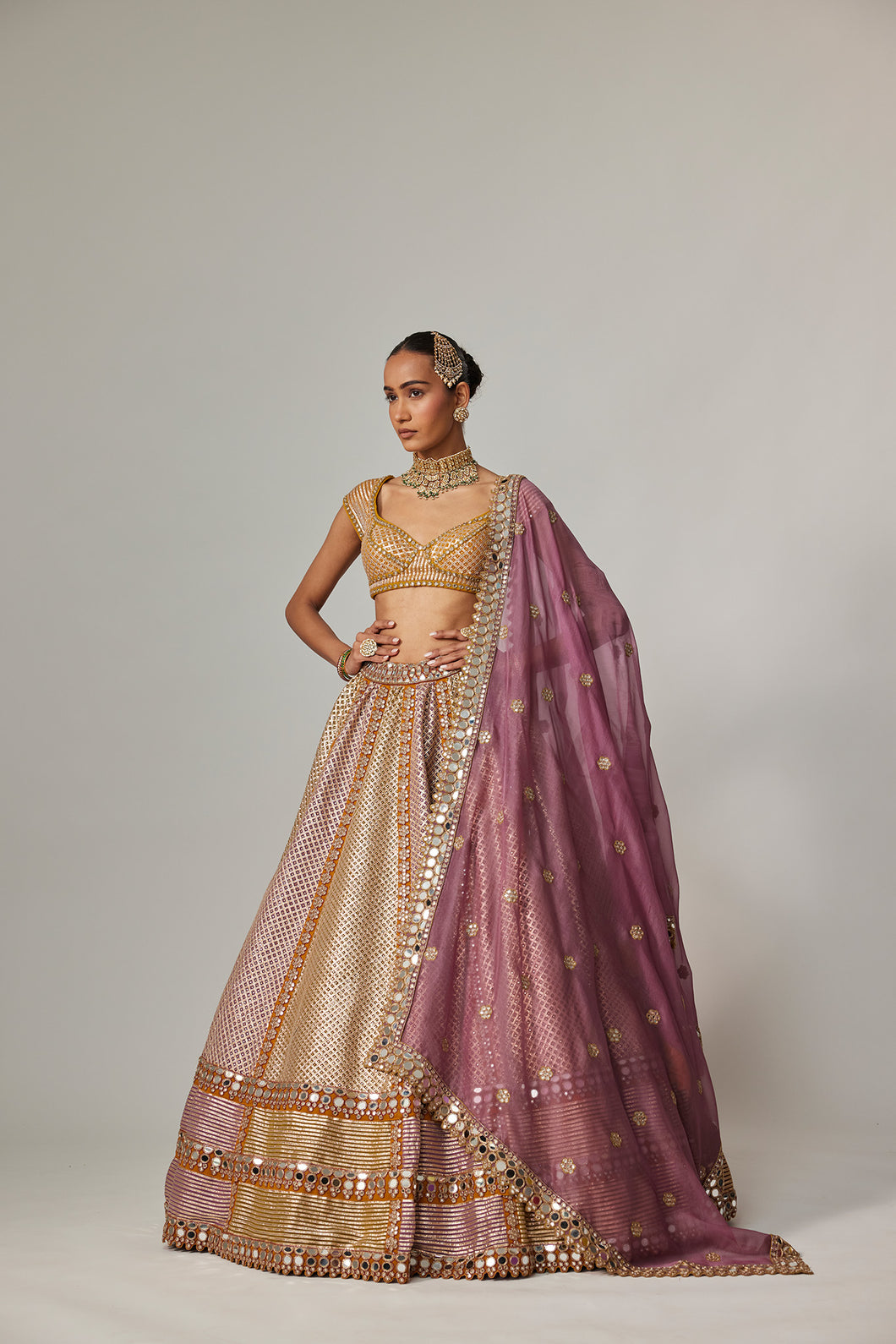 MUSTARD MULTICOLOR HEAVY METALLIC LEHENGA WITH MUD MAUVE DUPATTA
