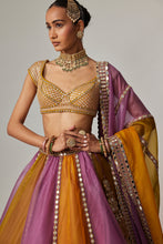 Load image into Gallery viewer, MUSTARD MULTICOLOR LINEAR LEHENGA WITH CAP SLEEVE BLOUSE
