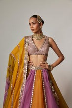 Load image into Gallery viewer, MUSTARD MULTICOLOR LINEAR LEHENGA WITH V NECK BLOUSE

