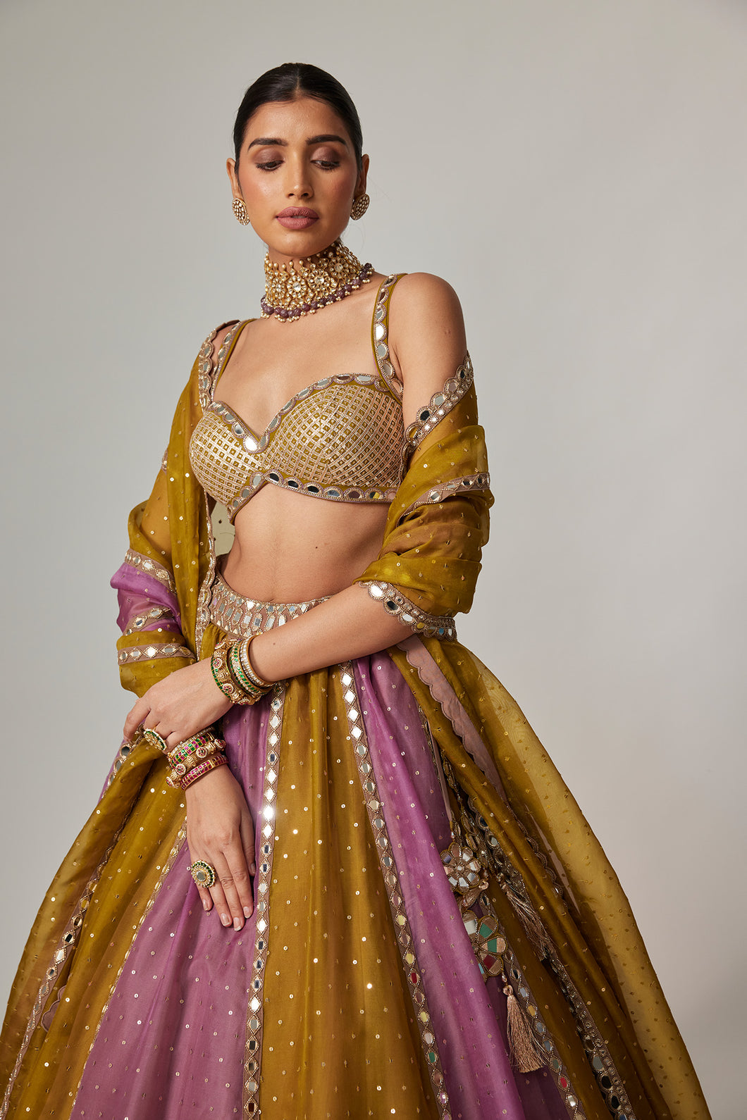 GREEN MULTICOLOR SEQUIN SCATTER LEHENGA SET
