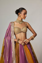 Load image into Gallery viewer, MUSTARD MULTICOLOR LINEAR LEHENGA WITH SWEETHEART NECK BLOUSE
