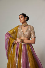 Load image into Gallery viewer, GREEN MULTICOLOR SEQUIN SCATTER LEHENGA WITH V NECK ELBOW SLEEVE BLOUSE
