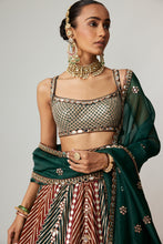 Load image into Gallery viewer, CRANBERRY MULTICOLOR LINEAR FLOWER LEHENGA SET WITH SQUARE NECK BLOUSE
