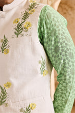 Load image into Gallery viewer, IVORY 3-D EMBROIDERED FLORAL WORK BUNDI WITH JADE KURTA CHURIDAR
