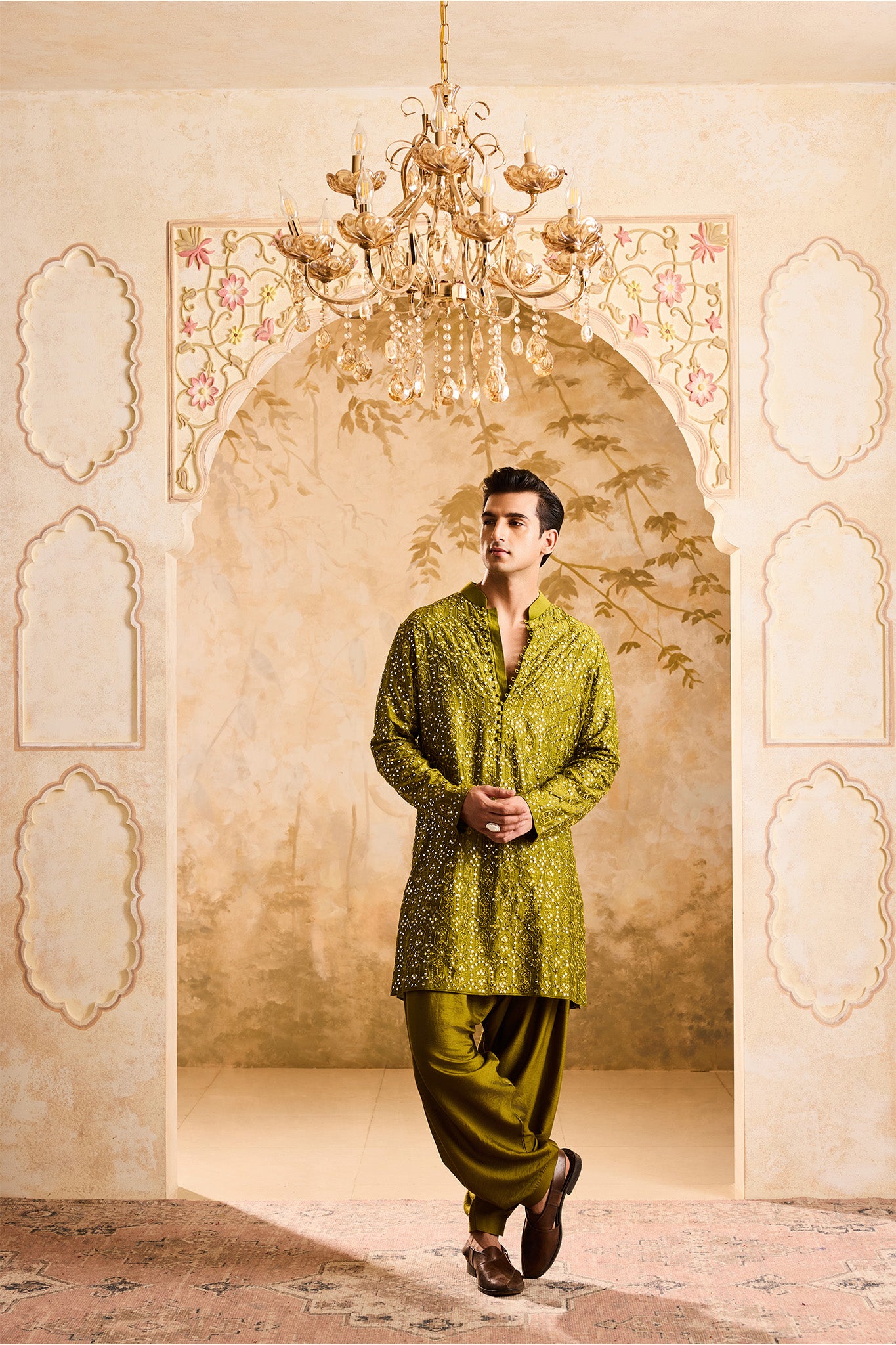 EMBROIDERED MEHENDI GREEN MIRRORWORK KURTA WITH SALWAR