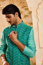 Load image into Gallery viewer, EMBROIDERED TEAL MIRRORWORK BUNDI WITH KURTA TROUSER
