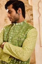 Load image into Gallery viewer, EMBROIDERED LIGHT GREEN MIRRORWORK BUNDI JACKET WITH KURTA SALWAR
