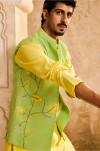 Load image into Gallery viewer, GREEN FLORAL BUNDI YELLOW KURTA PANT
