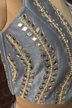 Load image into Gallery viewer, Dusty Blue Pre-draped saree with mirror work blouse
