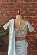 Load image into Gallery viewer, Sky Blue Pre-draped saree with mirror work blouse
